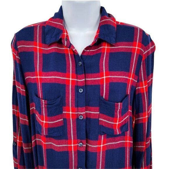 Blue Rain Plaid Open Back Button Up Long Sleeve Shirt Small - Picture 3 of 7